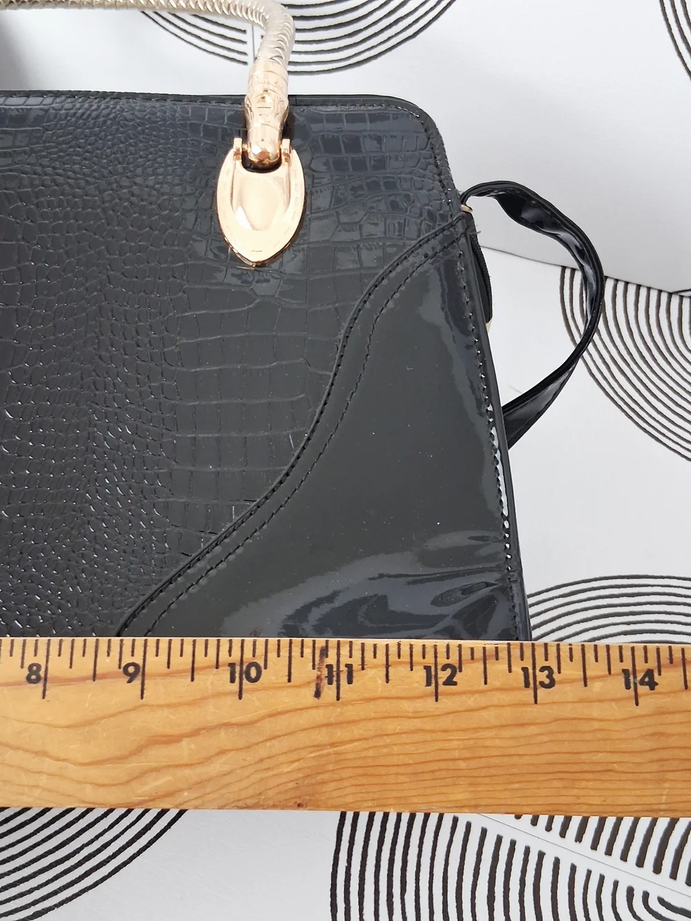 Black Faux Croc Satchel Bag Braided Gold Handle Patent Pleather Shoulder Purse